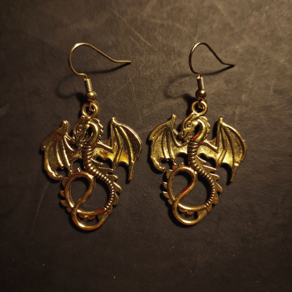 Handmade 2 in. Fantasy Golden Dragon Earrings